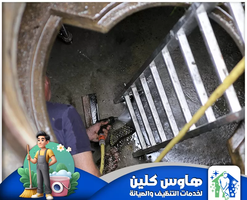 شركة تنظيف خزانات بابها | 0506747660 | هاوس كلين عامل يجري صيانة للأنابيب داخل مجاري الصرف الصحي، محاطا بجدران خرسانية وماء